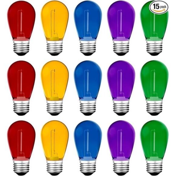 15Pack S14 Colored LED String Light Bulbs,1 Watt Plastic Shatterproof Waterproof - Picture 8 of 8